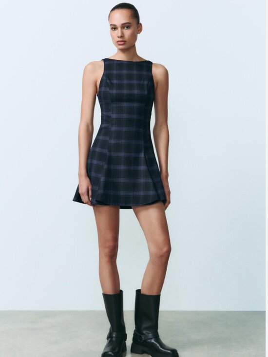 Zara Dresses & Skirts - Zara Plaid Mini Dress Navy Blue Size S NWT